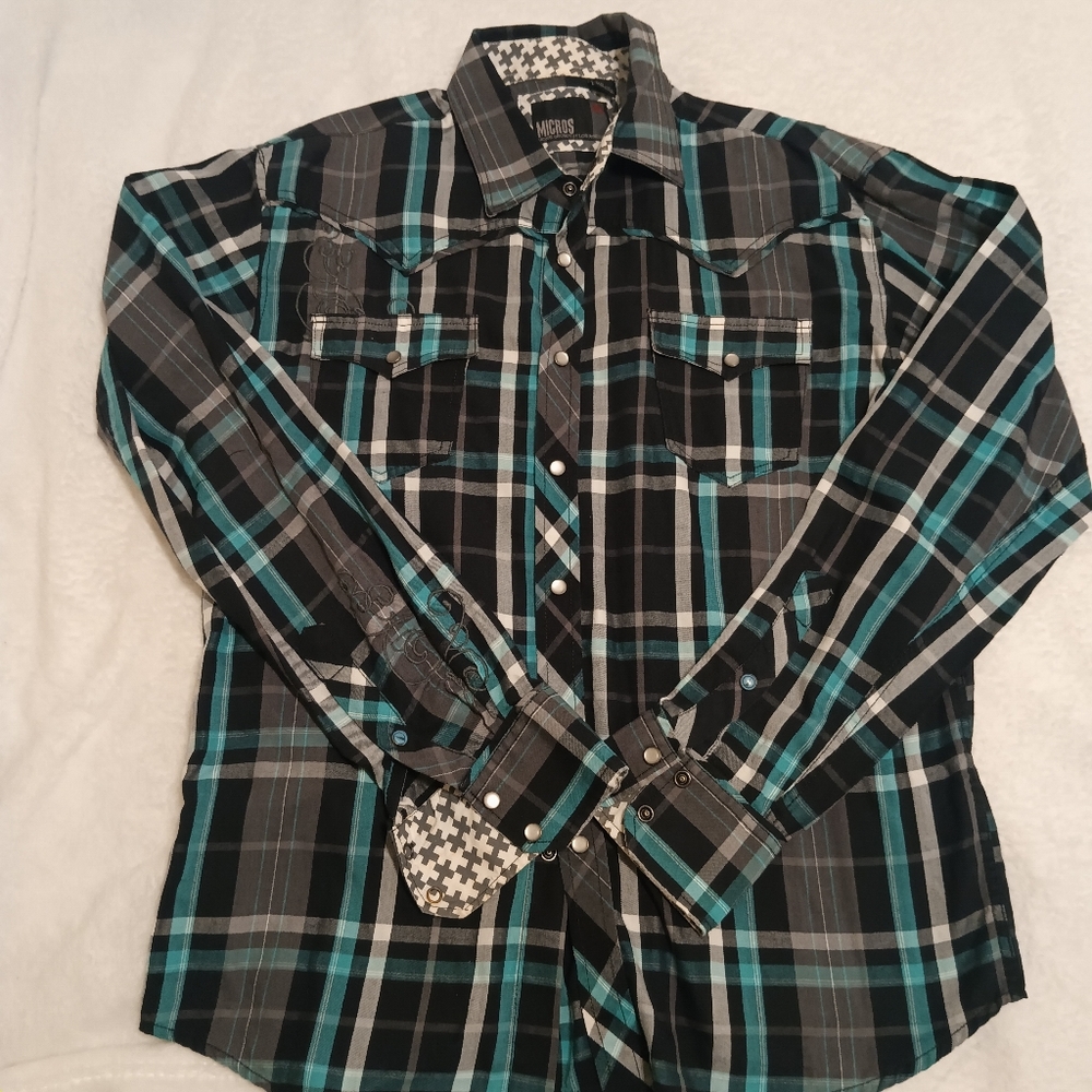 Micros Men's Black and Teal Plaid Shirt Long Sleeves